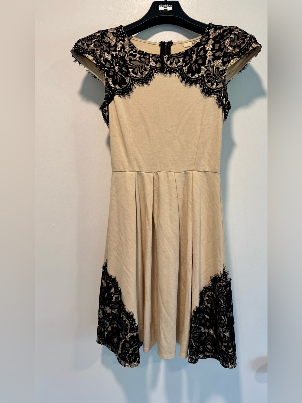 Ya Los Angeles Beige Dress with Black Lace Trim